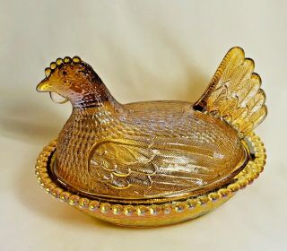 Carnival Gold/amber Indiana Glass Iridescent Chicken Hen On Nest Candy Dish