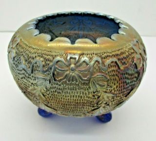 Fenton Cobalt Blue Gold Carnival Glass 3 Footed Rose Bowl Garland & Bows Pattern