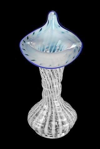 Rare Vintage White Blown Opalescent Jack In The Pulpit Vase Cobalt Blue Trim