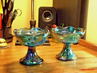 Vintage Indiana Carnival Glass Iridescent Blue Harvest Grape Candle Holders - 2