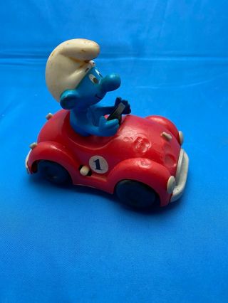The Smurfs Wind - Up Smurf Runabout Red Car 1982 Galoob Sports Vehicle Vintage Toy