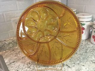 Indiana Tiara Glass Amber Tree Of Life Relish Deviled Egg Platter Plate Dish