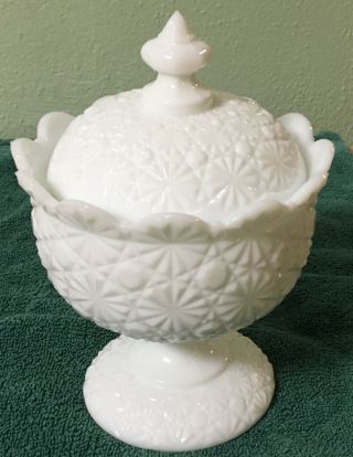 Vintage White Milk Glass Compote Pedestal Candy Dish & Crown Lid