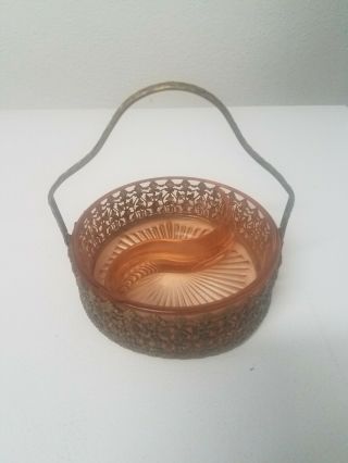 Vintage Pink Depression Glass Relish Candy Nut Dish With Metal Caddy/holder
