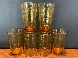 Set Of 6 Vintage Amber Glass Thumbprint Design Juice Glasses Tumblers