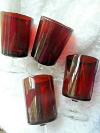 4 Vintage Luminarc Arcoroc Ruby Red Clear Stem Goblet - 5 " Tall