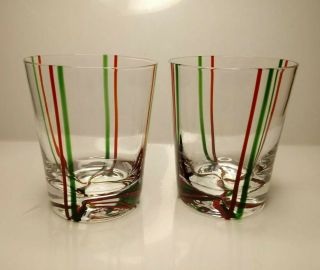 (2) Yuletide Tumblers Hand Blown Art Glass Christmas Holidays Red/green Stripes
