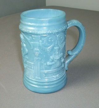 Vintage Blue Milk Glass Mug W/ Handle - Colonial Scene In Relief - H Sb