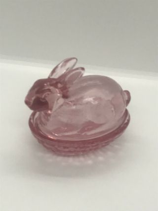 Pink Bunny Vintage Depression Style Glass Candy Nut Dish W Lid 4.  5” X 4”