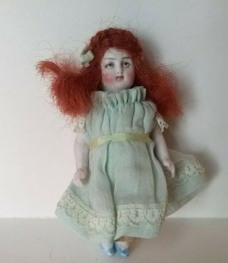 Antique All Bisque Miniature Mignonette Doll,  Red Hair,  Jointed & Tiny 4.  25 "