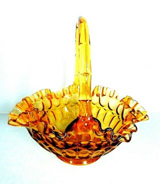 Fenton Amber Glass Thumbprint Basket Ruffled Crimped Edge Vintage