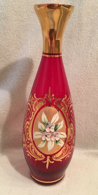 Vintage Murano Italy Red Glass Vase Gold Lustre Hand Painted Flowers