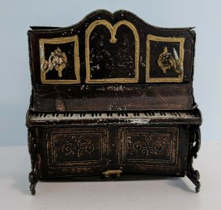 Antique Dollhouse Piano Painted Metal,  Two Mounted Candles 3.  5 " Tall 1890s