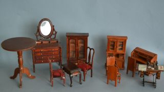 Miniature Wood Doll House Furniture Vintage Set Of Chairs Table Clock Dishes