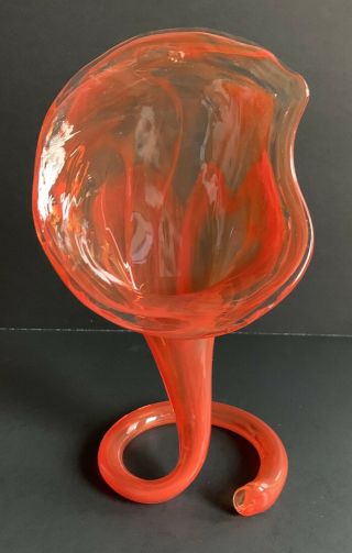 Vintage Orange Hand Blown Swirled Trumpet Coiled Stem Vase