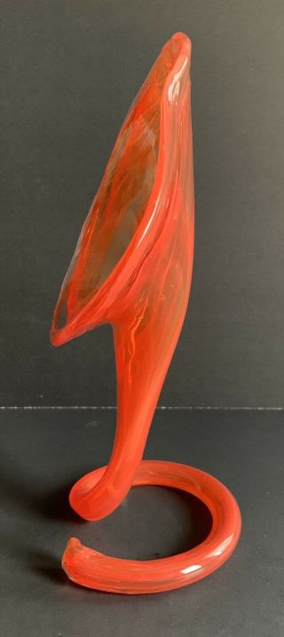 Vintage Orange Hand Blown Swirled TRUMPET Coiled Stem Vase 2