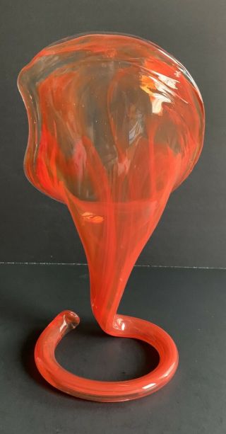 Vintage Orange Hand Blown Swirled TRUMPET Coiled Stem Vase 3