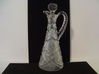 Vintage Pressed Glass Cruet With Stopper Hobstar And Diamond Pattern 10 " High