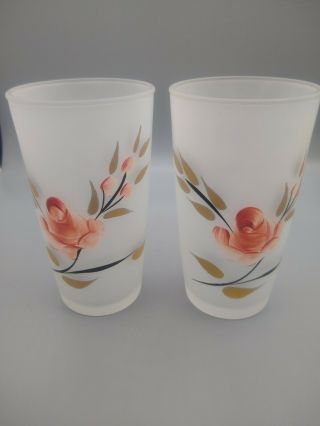 Vintage Hand Painted Roses Frosted Water 8 Oz.  Glasses/tumblers Set Of 2