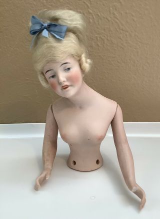 Antique All Bisque Half Doll With Wig & Jointed Arms,  4 - 5” Germany