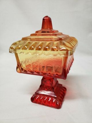 Vintage Jeanette Glass Square Pedestal Candy Dish Wedding Cake Box Amberina