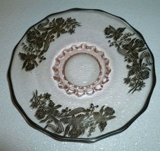 Silver Overlay Daffodils Small Plate Vtg Pink Depression Glass 7.  25 "