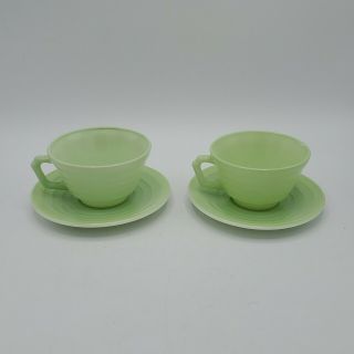 Set Of 2 Vintage Hazel Atlas Moderntone Platonite Green Pastel Cups & Saucers