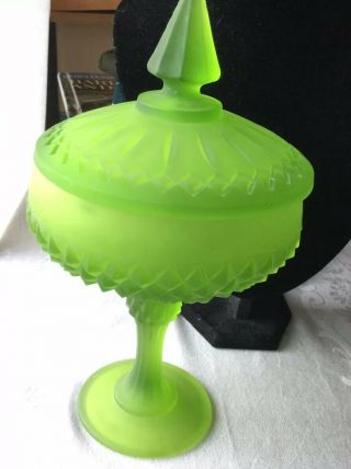 Vintage Indiana Glass Frosted Green Pedestal Covered Candy Jar Diamond Point