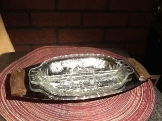 Pressed Glass Divided Relish Dish With Metal Holder Vintage