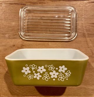 Vintage Pyrex Olive Green Spring Blossom 3x6” Large Refrigerator Dish W/cover