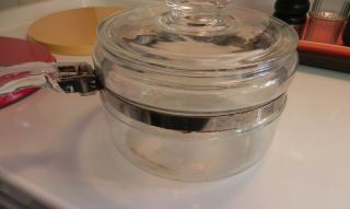 Vintage Pyrex 6213 Clear Glass Flameware 1.  5 Qt Saucepan With Lid Metal Bands