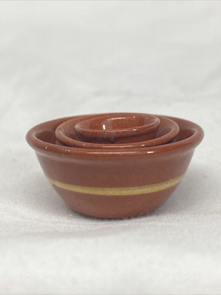 Rare Jane Graber Pottery 3pc Mixing Bowls Set 1:12 Scale Brown W/ Yellow Stripe