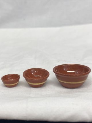 RARE Jane Graber Pottery 3pc Mixing Bowls Set 1:12 scale Brown w/ Yellow stripe 2