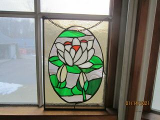 Handcrafted Stained Glass Window Panel Lotus Lilypad Flowers 8 " X 12 " Suncatcher