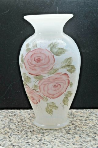 Rare Large Fenton Art Glass Opaque White Vase With Hand Painted Red Roses 13 "
