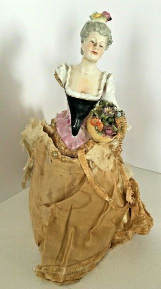 Antique 5 1/4 " German Half Doll W/basket Of Dresden Flowers Plumes Carl Thieme