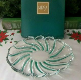 Mikasa Peppermint Green Swirl Lead Crystal Candy Dish Small Holiday Cookie Plate