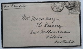 Rare 1882 Great Britain Mourning Cover & Letter Ties 6d Qv Stamp To Australia