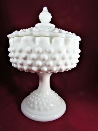 Vintage Signed Fenton Milk Glass Hobnail 8 1/4 " Covered Candy Jar