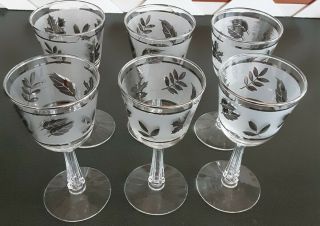 Vintage Libby Silver Leaf Cordial Glasses Set Of 6 Stemmed Frosted 6 Inches