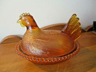 Indiana Glass Amber Hen On A Nest Candy Dish Jar W/cover