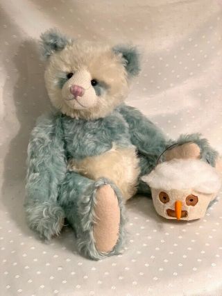 Ooak Signed Teal Panda By Artist Karen Searl With Snowman Candy Container
