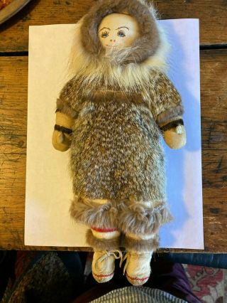 Vintage Inuit Eskimo Doll,  With Fur,  Suede And Beads 12 Inches Tall