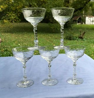 Vintage Libbey Rock Sharpe Cut Crystal Normandy Champagne Glasses Set Of Five