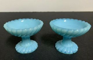 Vintage Opaque Blue Milk Glass Open Salt Cellar Dishes Ribbed Swirl Pedestal (2)