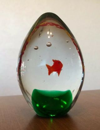 Hand Blown Art Glass Heavy Paperweight W/goldfish Fish