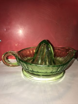 Vintage Uranium Green Citrus Juicer Reamer Depression Vaseline Glass With Handle