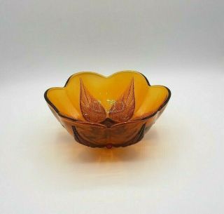 Vintage Indiana Glass Amber Leaves Bowl Candy Dish Raised Embossed Leaf