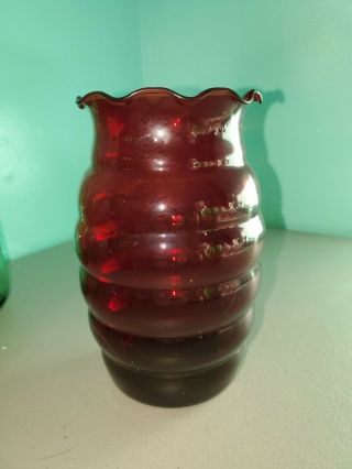 Ruby Red Art Glass Vase Ribbed Ruffle Rim 7 " H