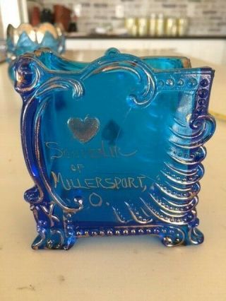 Rare Eapg Blue Gold Glass: Playing Cards Holder: Souvenir Millersport Ohio